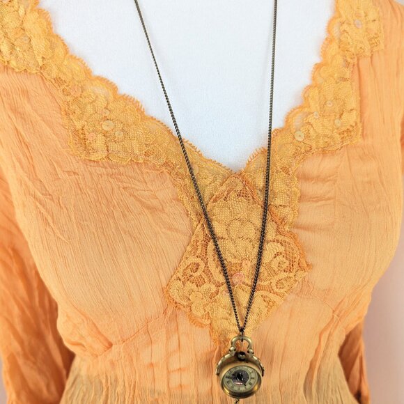 VTG 00s Y2K Piano Orange Sheer Crinkle Pleated Sequin Lace Trim Bell Sleeve Top - Picture 4 of 8